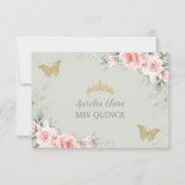 Roze Floral Quinceañera Sage Green Butterflies RSVP Kaartje (Achterkant)