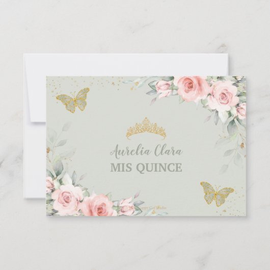 Roze Floral Quinceañera Sage Green Butterflies RSVP Kaartje (Achterkant)