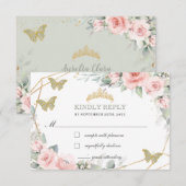 Roze Floral Quinceañera Sage Green Butterflies RSVP Kaartje (Voorkant / Achterkant)