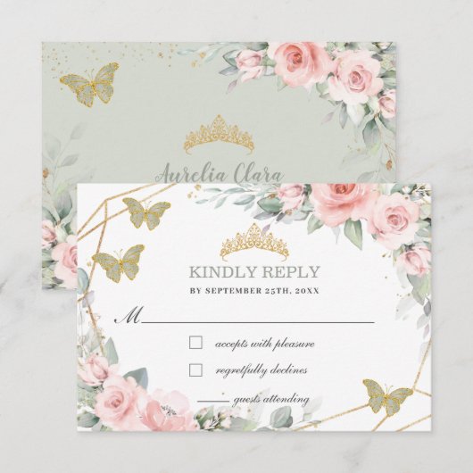 Roze Floral Quinceañera Sage Green Butterflies RSVP Kaartje (Voorkant / Achterkant)