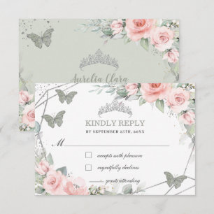 Roze Floral Quinceañera Sage Green Butterflies RSVP Kaartje