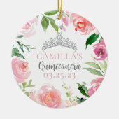 Roze Floral Quinceañera Silver Tiara Kerstmis Keramisch Ornament (Voorkant)