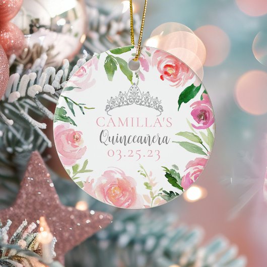 Roze Floral Quinceañera Silver Tiara Kerstmis Keramisch Ornament