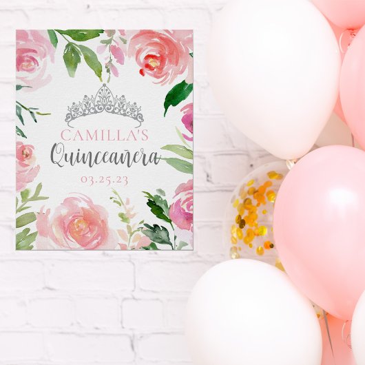  roze Floral Quinceañera Silver Tiara Partij Poster