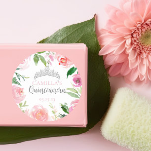 roze Floral Quinceañera Silver Tiara Partij Ronde Sticker
