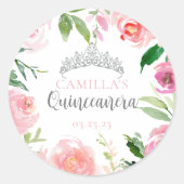roze Floral Quinceañera Silver Tiara Partij Ronde Sticker (Voorkant)