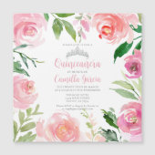  roze Floral Quinceañera Silver Tiara Square Magnetische Uitnodiging (Voorkant)