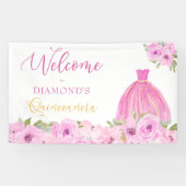 Roze Floral Quinceanera Welkom Spandoek (Horizontaal)