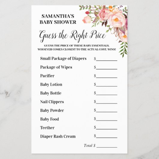 Roze Floral raad het juiste prijsspel Baby shower Flyer (Voorkant)