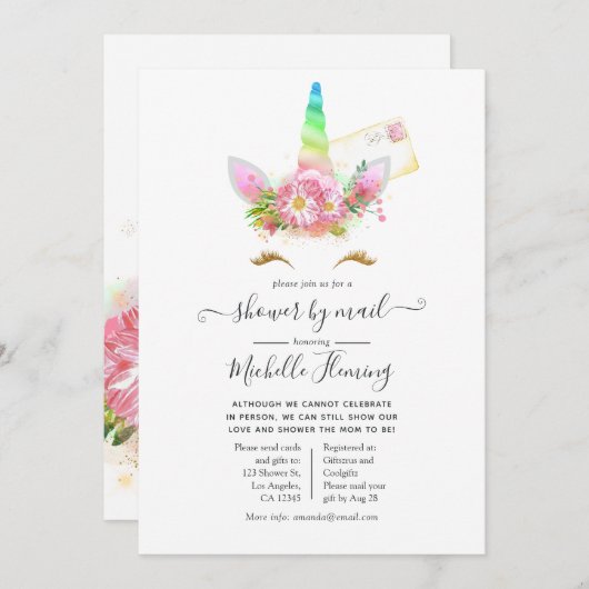 Roze Floral Rainbow Unicorn Baby shower per post Kaart (Voorkant / Achterkant)