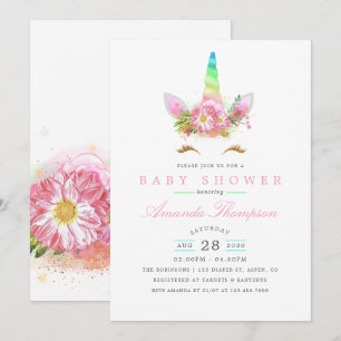 Roze Floral Rainbow Unicorn Girl Baby shower Kaart