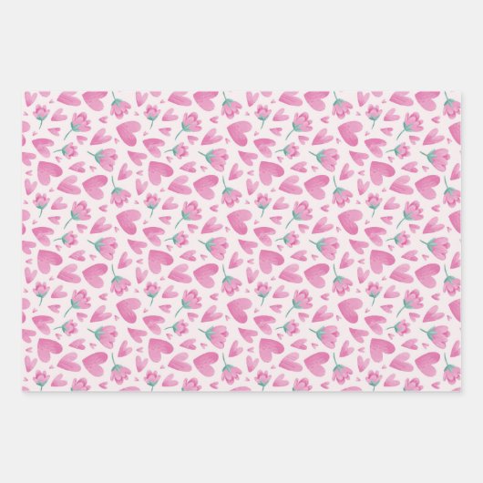 Roze Floral Red Heart Sweet Valentijnsdag Pattern Inpakpapier Vel (Voorkant 3)
