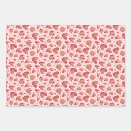 Roze Floral Red Heart Sweet Valentijnsdag Pattern Inpakpapier Vel (Voorkant)