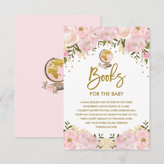 Roze Floral reisavontuurboeken voor babymeisje Informatiekaartje (Voorkant / Achterkant)
