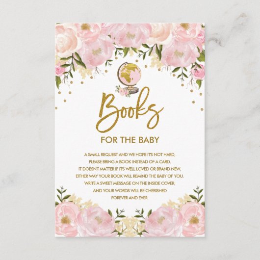 Roze Floral reisavontuurboeken voor babymeisje Informatiekaartje (Voorkant)