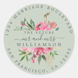 Roze Floral Return Address Green Envelope Seal Ronde Sticker