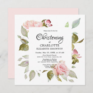 Roze Floral Roos Botanische Square Christening Kaart