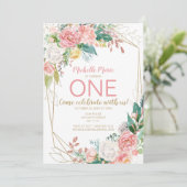 Roze Floral Roos eerste verjaardag Kaart (Staand voorkant)