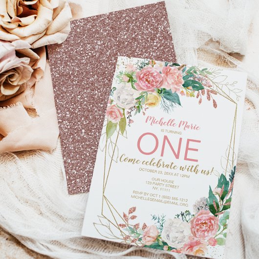 Roze Floral Roos eerste verjaardag Kaart