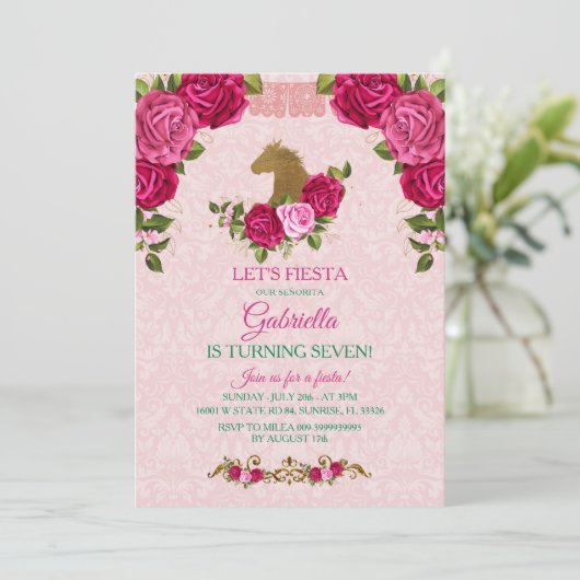 Roze Floral Roos Girl draait zeven verjaardag Kaart (Staand voorkant)