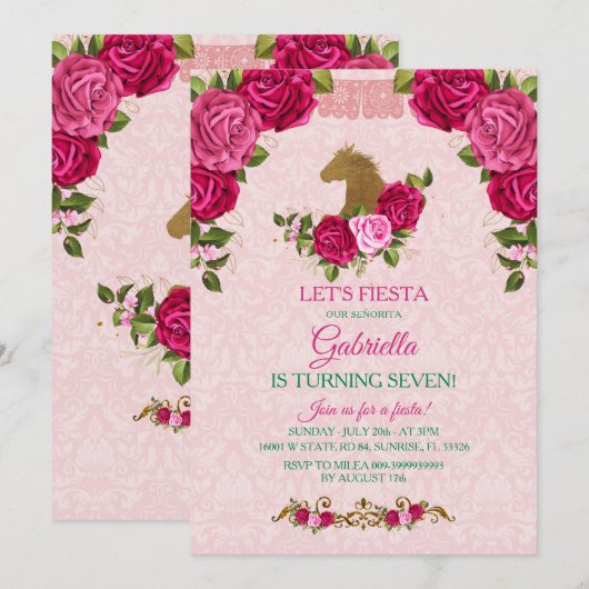 Roze Floral Roos Girl draait zeven verjaardag Kaart (Voorkant / Achterkant)