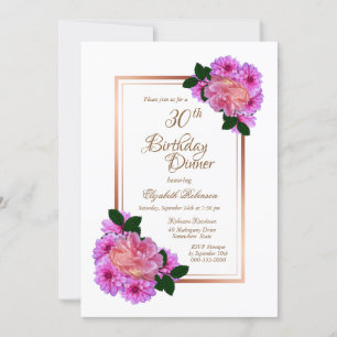 Roze Floral Roos Gold Border 30th Birthday Dinner Kaart