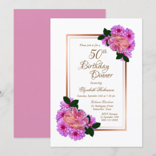 Roze Floral Roos Gold Border 50th Birthday Dinner Kaart