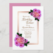 Roze Floral Roos Gold Border Birthday Dinner Kaart (Voorkant / Achterkant)