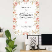 Roze Floral Roos Gold Christening Welkomstteken Poster (Thuiskantoor)