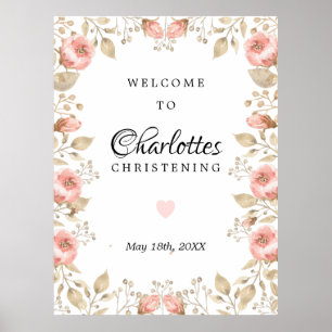 Roze Floral Roos Gold Christening Welkomstteken Poster