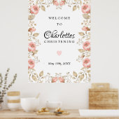 Roze Floral Roos Gold Christening Welkomstteken Poster (Keuken)