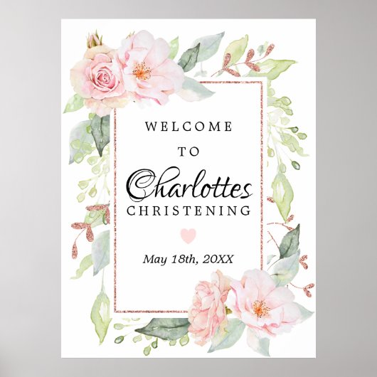Roze Floral Roos Gold Christening Welkomstteken Poster (Voorkant)