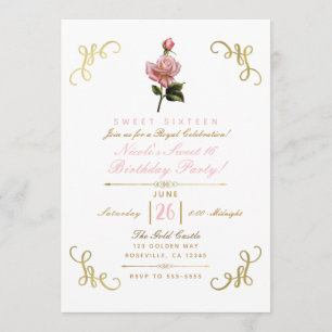 Roze Floral Roos & Gold Corners Sweet 16 Party Kaart