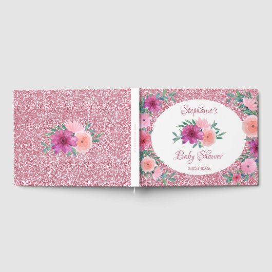 Roze Floral Roos Gold Glitter Baby shower Gastenboek (Volledig)
