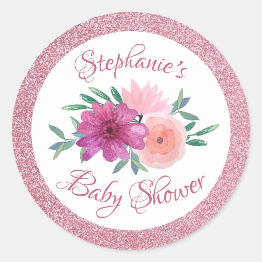 Roze Floral Roos Gold Glitter Baby shower Ronde Sticker (Voorkant)