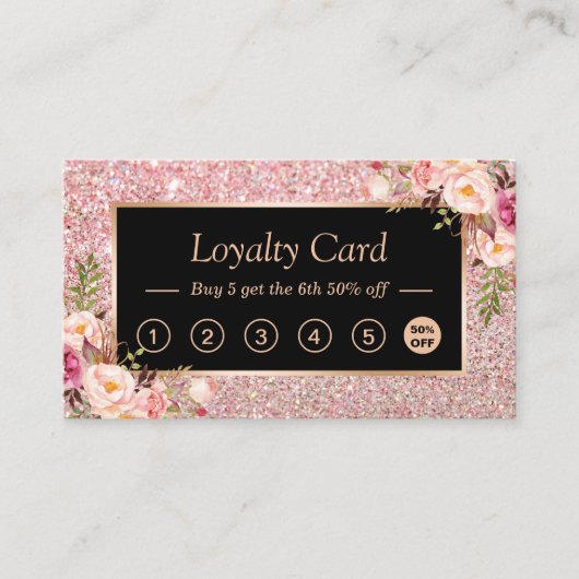 Roze Floral Roos Gold Glitter Loyalty Punch Card (Voorkant)