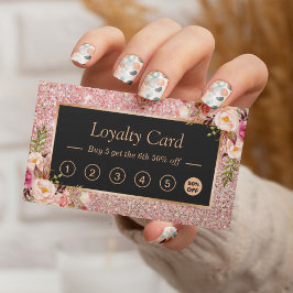 Roze Floral Roos Gold Glitter Loyalty Punch Card