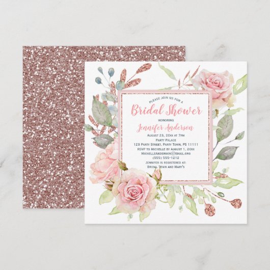 Roze Floral Roos Gold Glitter Vrijgezellenfeest Kaart (Voorkant / Achterkant)