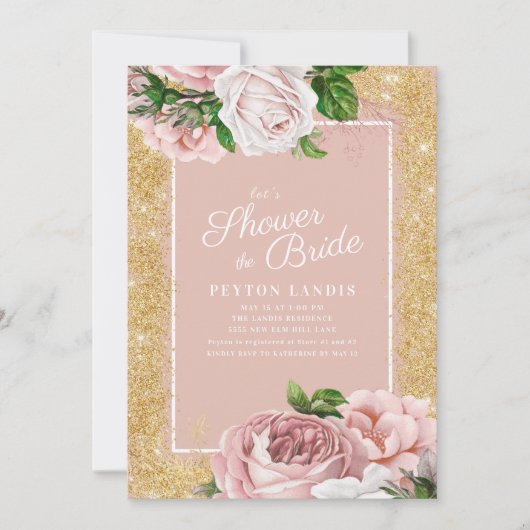 Roze Floral Roos Gold Glitter Vrijgezellenfeest Kaart (Voorkant)
