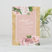 Roze Floral Roos Gold Glitter Vrijgezellenfeest Kaart (Staand voorkant)
