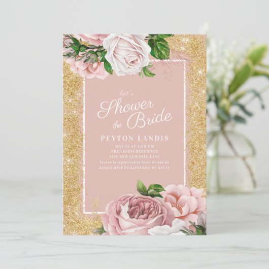 Roze Floral Roos Gold Glitter Vrijgezellenfeest Kaart (Staand voorkant)