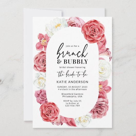 Roze Floral Roos Ovaal Brunch & bubbelbad Kaart (Voorkant)