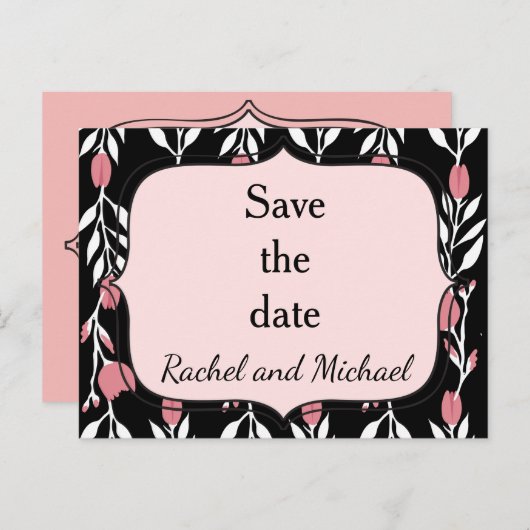 Roze Floral Roos Vine Sla de datum op Aankondigingskaart (Voorkant / Achterkant)