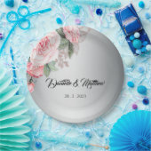 Roze Floral Rose Bouquet en Silver Wedding Papieren Bordje (Feest)