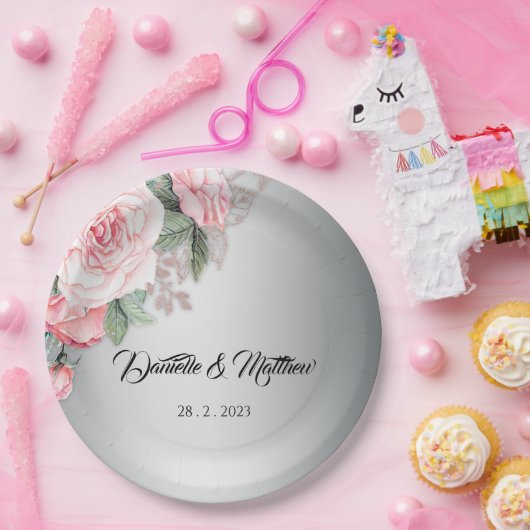 Roze Floral Rose Bouquet en Silver Wedding Papieren Bordje (Feest)