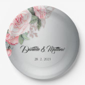 Roze Floral Rose Bouquet en Silver Wedding Papieren Bordje (Voorkant)
