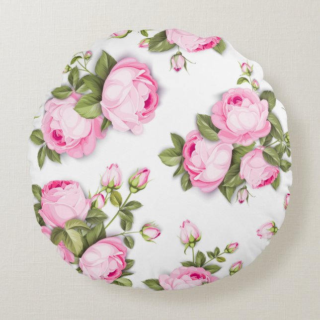 Roze Floral Round Pillow Rond Kussen (Voorkant)