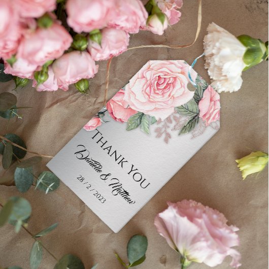 Roze Floral Rozen en Elegant Silver Hartelijk dank Cadeaulabel