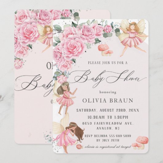 Roze Floral Rozen Fairies Baby shower Kaart (Voorkant / Achterkant)