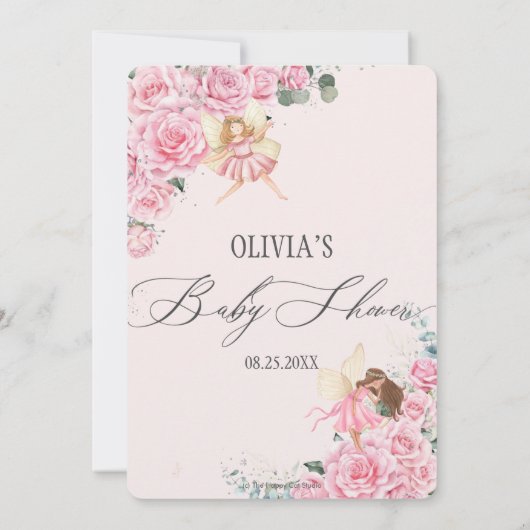 Roze Floral Rozen Fairies Baby shower Kaart (Achterkant)